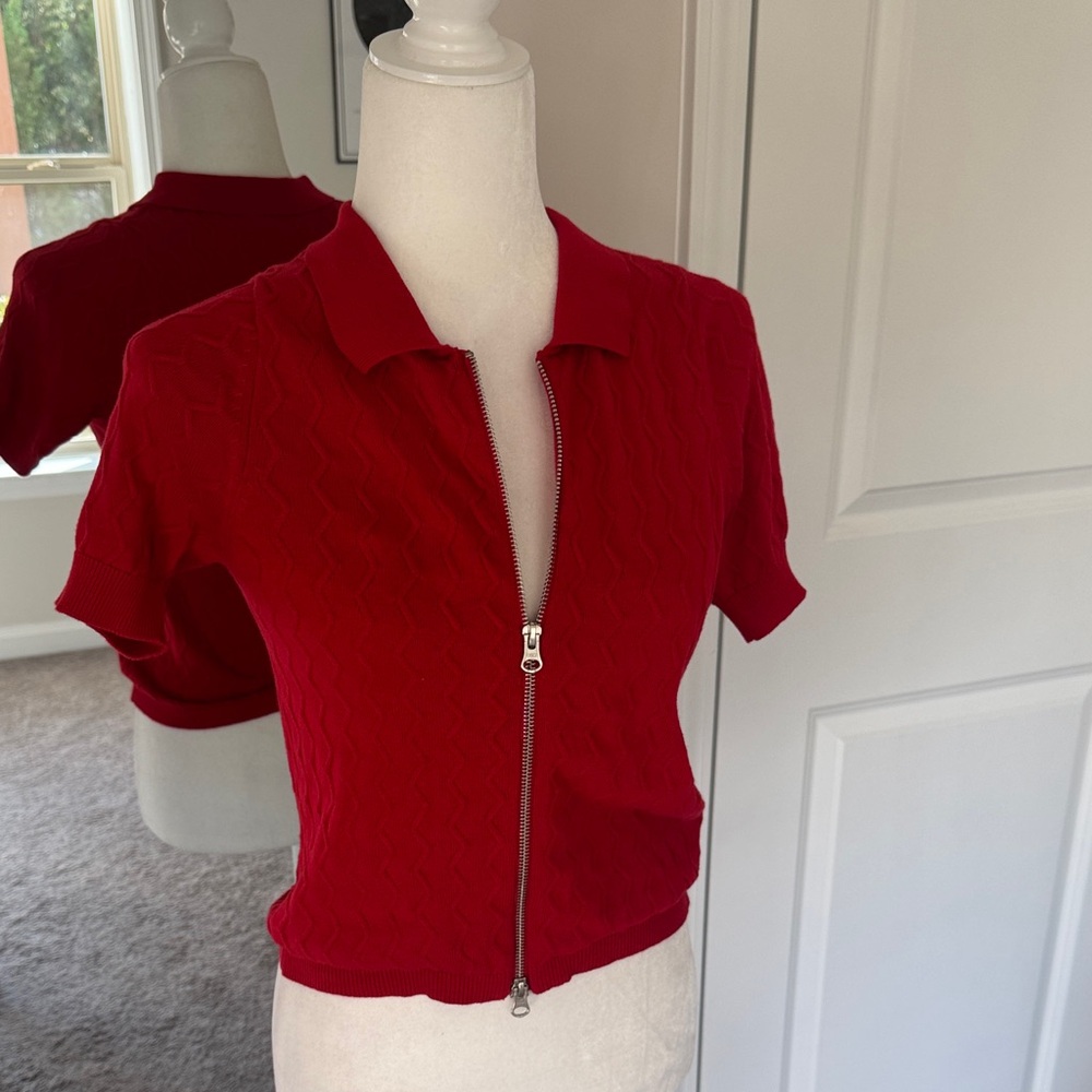 Red Zippered Knit Polo Top